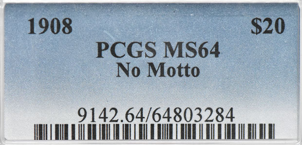1908 Gold $20 NO MOTTO PCGS, MS-64