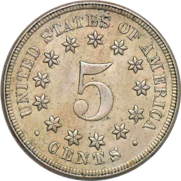 1867 Nickel No Rays, AU-55
