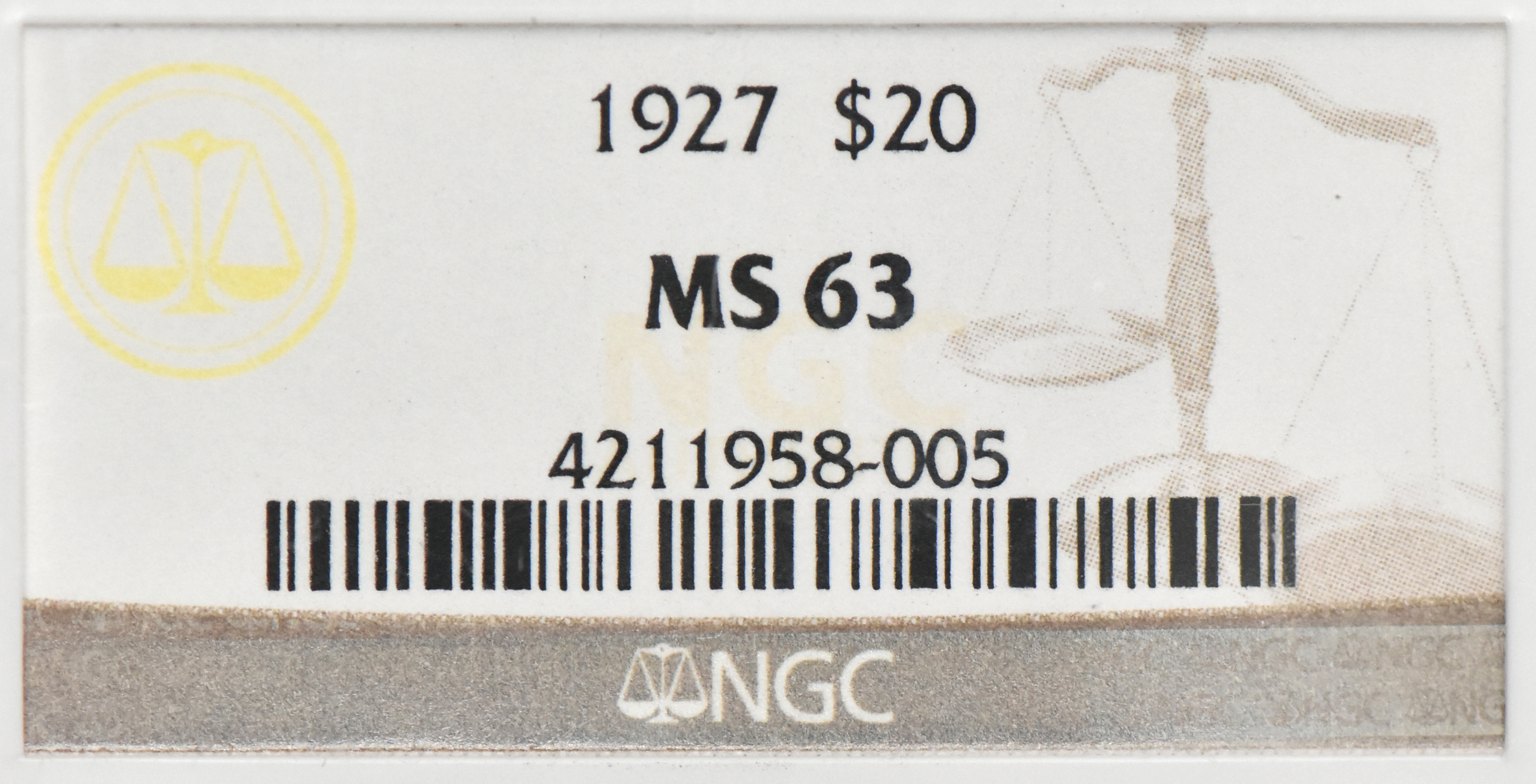 1927 Gold $20 NGC, MS-63
