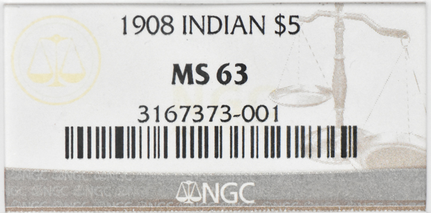 1908 Gold $5 INDIAN NGC, MS-63