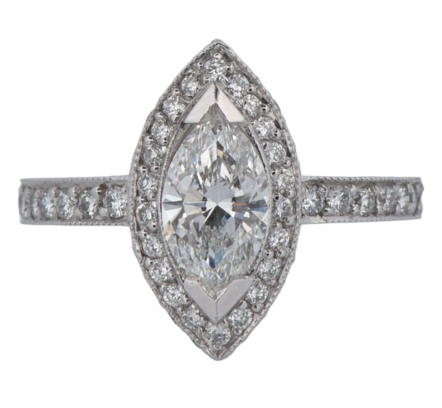14K White Gold Diamond Engagement Ring with a 1.02 Carat Marquise Diamond, GIA Certified # 12150366, VVS2 Clarity, E Color and .85 Carat Total Weight in Side Round Diamonds, 3.3 dwt, Ring Size 6.5
