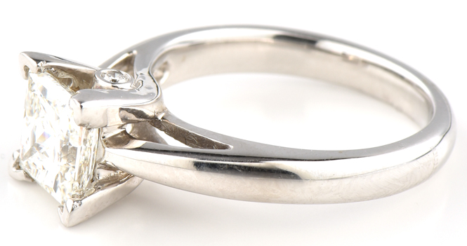 14K White Gold Ladies Diamond Solitaire Ring with a 1.89 Carat Princess Cut Center Diamond, GIA Certified # 2141715004, VVS2 Clarity, G Color, 3.8 dwt, Ring Size 6.5