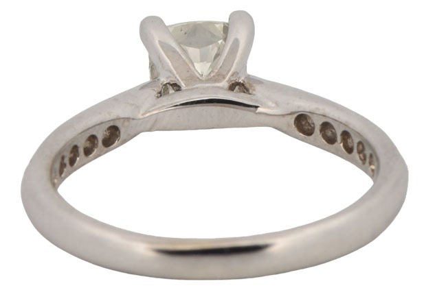 14K White Gold Estate Diamond Ring with a 1.00 Carat Cushion Cut Diamond, VS2 Clarity, K Color, GIA #6217037297 and Approximately .25 Carat Total Weight in Round Side Diamonds, SI Clarity, G-H Color.
