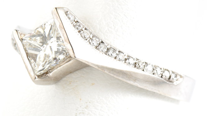 14K White Gold Diamond Engagement Ring with a .57 Carat Princess Cut Center and .11 Carat Total Weight in Side Diamonds, SI1 Clarity, J-K Color, 2.4 dwt, Ring Size 6