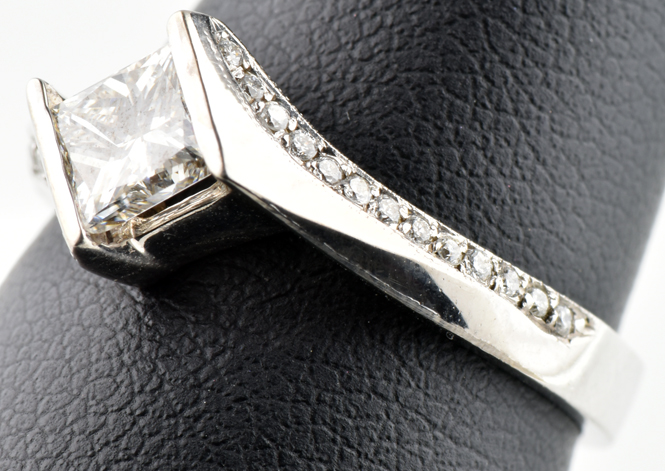 14K White Gold Diamond Engagement Ring with a .57 Carat Princess Cut Center and .11 Carat Total Weight in Side Diamonds, SI1 Clarity, J-K Color, 2.4 dwt, Ring Size 6