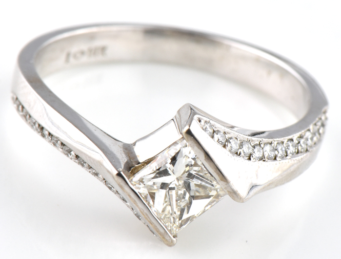14K White Gold Diamond Engagement Ring with a .57 Carat Princess Cut Center and .11 Carat Total Weight in Side Diamonds, SI1 Clarity, J-K Color, 2.4 dwt, Ring Size 6