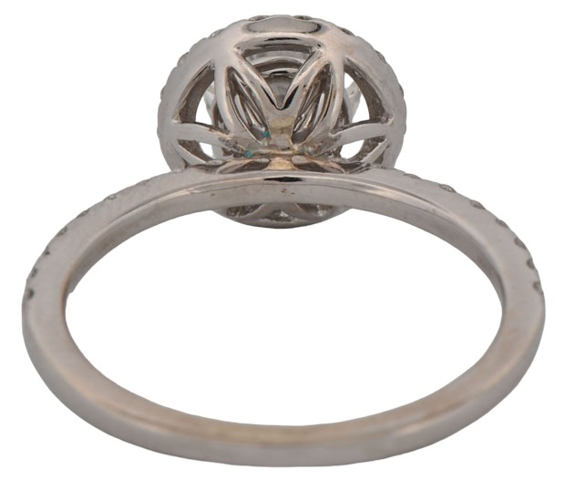 18K White Gold Diamond Engagement Ring with a .90 Carat Round Brilliant, VS2 Clarity. G Color and .40 Carat Total Weight in Round Cut Diamonds, SI1 Clarity, G-H Color.
