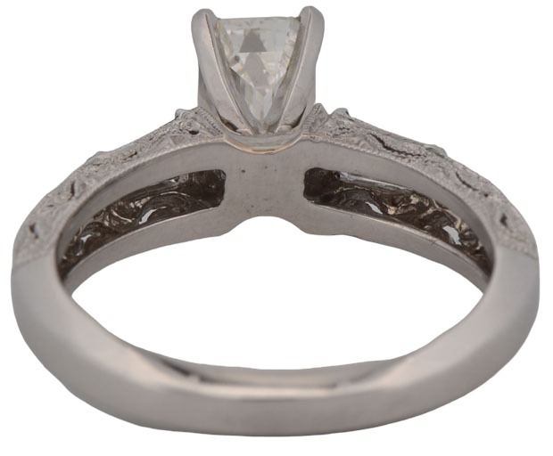 18K White Gold Engagement Ring with a 1.29 Carat Emerald Cut Diamond, GIA #2151218296, VS1 Clarity, I Color and .29 Carat Total Weight in Round and Baguette Side Diamonds,3.0 dwt, Ring Size 6.25