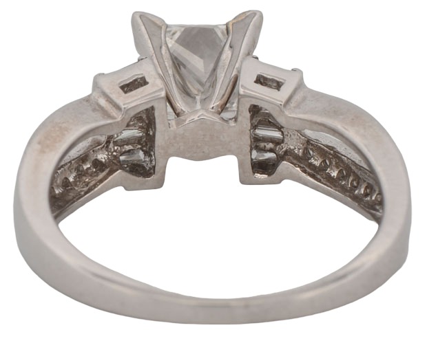 14K White Gold Ring w a 1.21 Carat Princess Cut Diamond VVS2 Clarity, G Color    GIA 2161057743, & .54 Ct Total Weight Side  Baguette & Round Diamonds