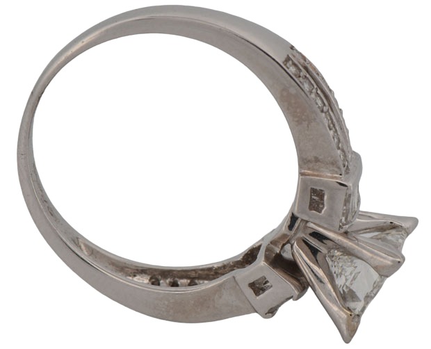 14K White Gold Ring w a 1.21 Carat Princess Cut Diamond VVS2 Clarity, G Color    GIA 2161057743, & .54 Ct Total Weight Side  Baguette & Round Diamonds