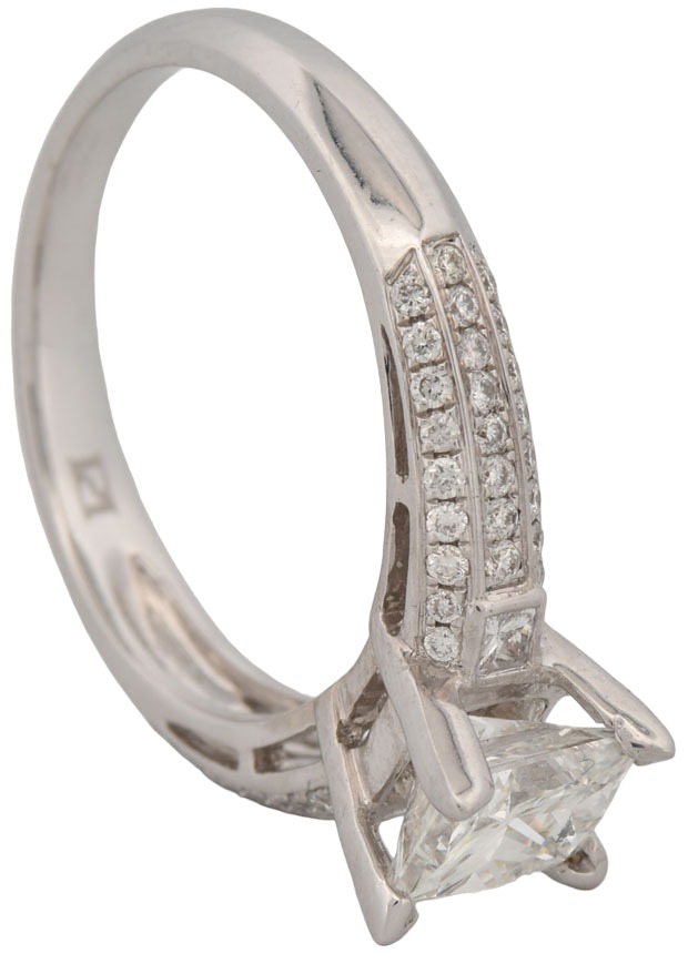 14K White Gold Ladies Diamond Engagement Ring with a 1.02 Carat Princess Cut Center Diamond, VS2 Clarity, G Color, GIA # 2161574327 & .31 Carat Total Weight in Side Diamonds, 2.3 dwt, Ring Size 6