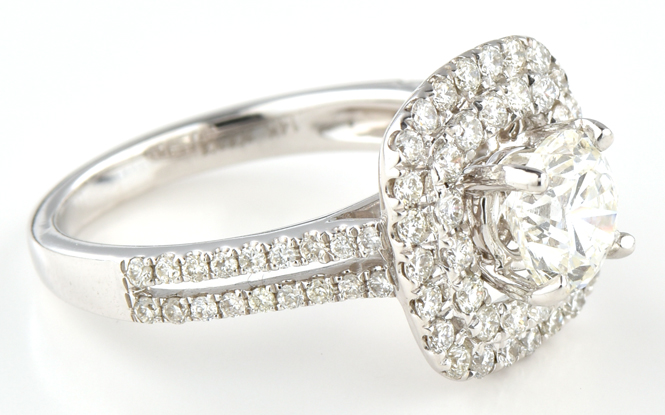 14K White Gold Engagement Ring with a 1.01 Carat Brilliant Cut Round Diamond, VS2 Clarity, H Color, GIA # 2161887373 and .72 Carat Total Weight in Round Diamonds. 2.6 dwt, Ring Size 4.5