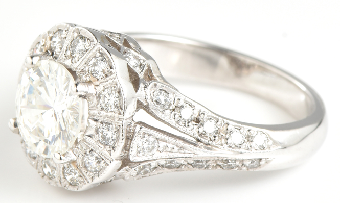 14K White Gold Ladies Daimond Ring with a 1.07 Carat Round Center Diamond, SI2 Clarity, H Color, GIA #2175225856, and Side Diamonds, 3.3 dwt, Ring Size 5.5