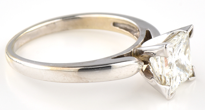 14K White Gold Estate Diamond Ring with a 1.70 Carat Princess Cut Diamond, SI2 Clarity, I Color, GIA #2205663226 and Approximately .20 Carat Total Weight in Round Cut Diamonds, SI1 Clarity, H-I Color.