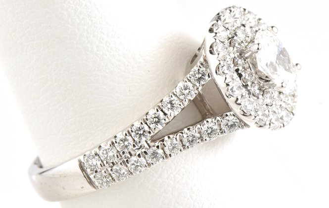 14K White Gold Diamond Ring with a .36 Carat Center Oval Diamond, SI1 Clarity, H Color and .91 Carat Total Weight in Side Diamonds, 2.9 dwt, Ring Size 6.5