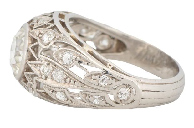 Ladies Platinum Art Deco Ring with an Apprx 1.00 Carat Old European Curt Round Diamond, VS Clarity, I Color and Approx .25 Carat Total Weight, 3,6 dwt, Ring Size 4.