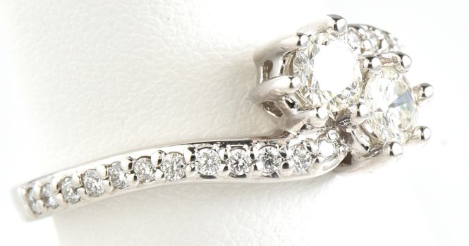 14K White Gold Ladies Diamond Ring with .45 Carat Total Weight in 2 Center Diamonds, SI1-SI2 Clarity, J Color, and .25 Carat Total Weight in Mounting, 2.9 dwt, Ring Size 7