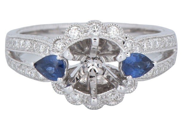 14K White Gold Diamond and Sapphire Semi Mount with .42 Carat Total Weight in Diamonds and .38 Carart Total Weight in Sapphires, 3.3 dwt, Ring Size 6