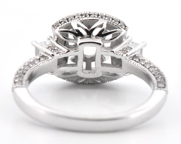 ALLOY Semi Mount with .56 Carat Total Weight in Round Diamonds and .31 Carat Total Weight in Baguette Diamonds, VS2-SI1 Quality, G Color, 2.4 dwt, Ring Size 6
