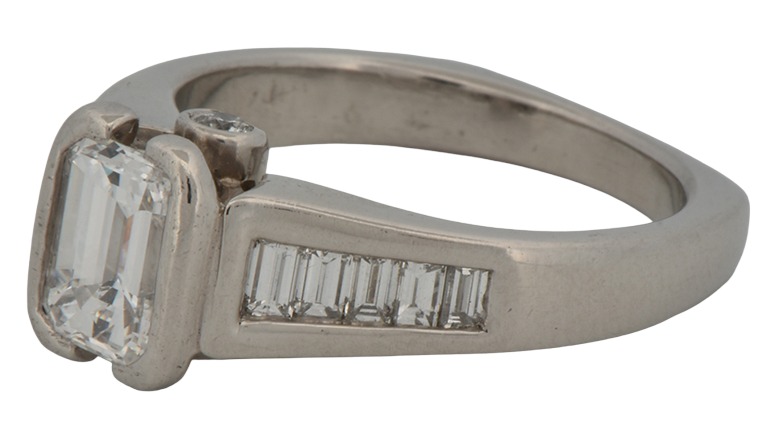 Ladies Platinum Diamond Ring with a 1.08 Carat Emerald Cut Diamond, SI1 Clarity, E Color- EGL US20207602D and Approximately .40 cttw, 6.3 dwt, Ring Size 6