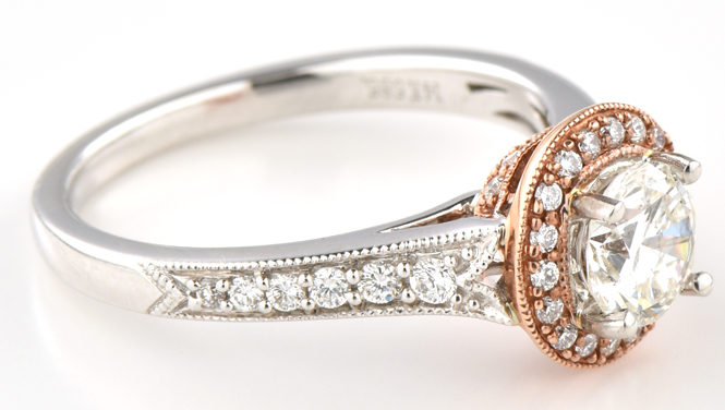 14K White Gold Diamond Engagement Ring with a .76 Carat Round Center Diamond, VS1 Clarity, H Color and .29 Carat Total Weight in Side Diamonds, SI1 Clarity, G-H Color, 2.7 dwt, Ring Size 6.5