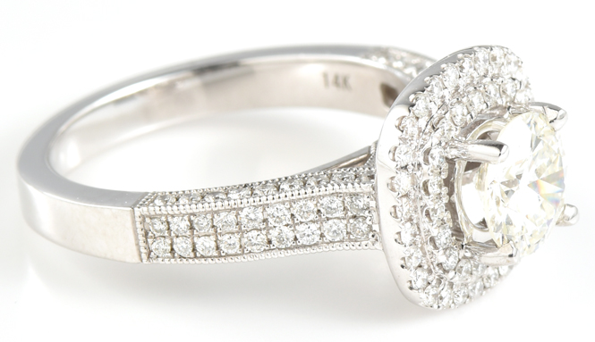 14K White Gold Diamond Ring with a 1.04 Carat Round Diamond, VVS2 Clarity, J Color, GIA #2171643391 and .69 Carat Total Weight in Side Diamonds, 3.6 dwt, Ring Size 6.5