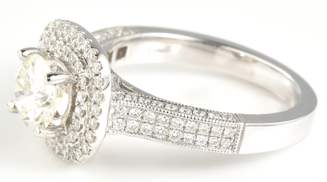 14K White Gold Diamond Ring with a 1.04 Carat Round Diamond, VVS2 Clarity, J Color, GIA #2171643391 and .69 Carat Total Weight in Side Diamonds, 3.6 dwt, Ring Size 6.5