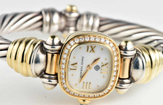 18K Yellow Gold and Sterling Silver David Yurman Watch, Twisted Bracelet Band design "COE"