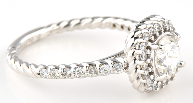 14K White Gold Diamond Engagement Ring with a .75 Carat Brilliant Cut Round Diamond, SI1 Clarity, G Color, GIA # 2181149101 and .44 Carat Total Weight in Side Round Diamonds, SI1 Clarity, G-H Color.