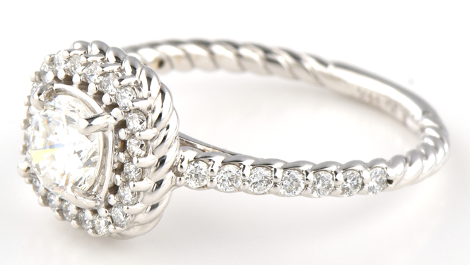 14K White Gold Diamond Engagement Ring with a .75 Carat Brilliant Cut Round Diamond, SI1 Clarity, G Color, GIA # 2181149101 and .44 Carat Total Weight in Side Round Diamonds, SI1 Clarity, G-H Color.