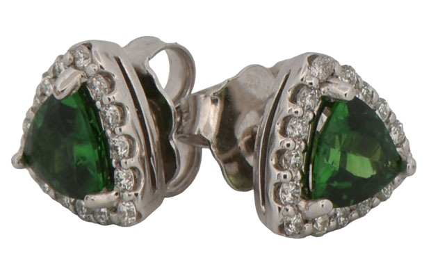 14K White Gold Earrings with .63 Carat Total Weight in Trillion Tsavorites and .12 Carat Total Weight in Brilliant Cut Round Diamonds, SI Clariy, G-H Color
