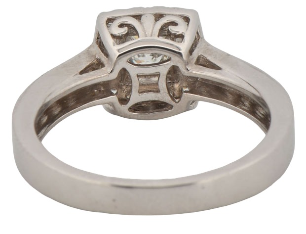 14K White Gold Estate Diamond Ring with an Approximate .50 Carat Princess Cut Center Diamond and .65 Carat Total Weight in Round Cut Diamonds, SI1 Clarity, H-I Color. Finger Size 7, 2.8 dwt.