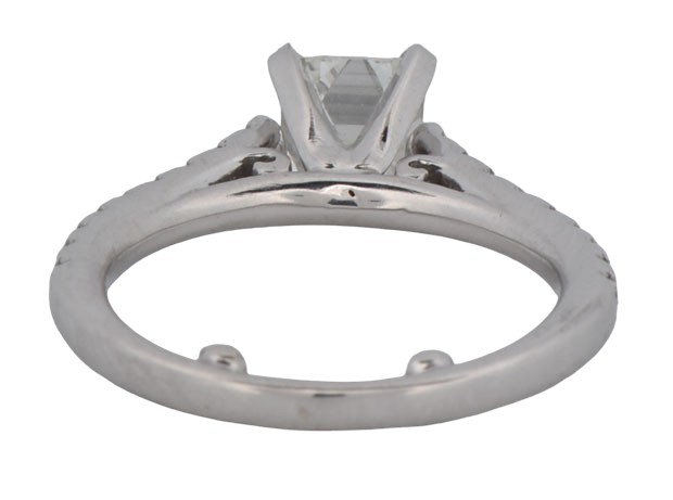 14K White Gold Estate Diamond Engagement Ring with a 1.00 Carat Emerald Cut Diamond, SI1 Clarity, H Color, GIA # 2195059741 with .27 Carat Total Weight in Round Cut Diamonds.