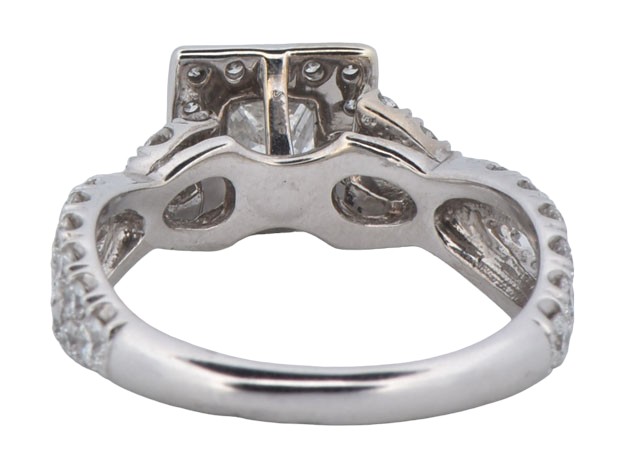 14K White Gold Diamond Ring with a .80 Carat Princess Cut, VS1 Clarity, H Color and 1.02 Carat Total Weight in Brilliant Cut Round Side Diamonds, SI1 Clarity, G-H Color