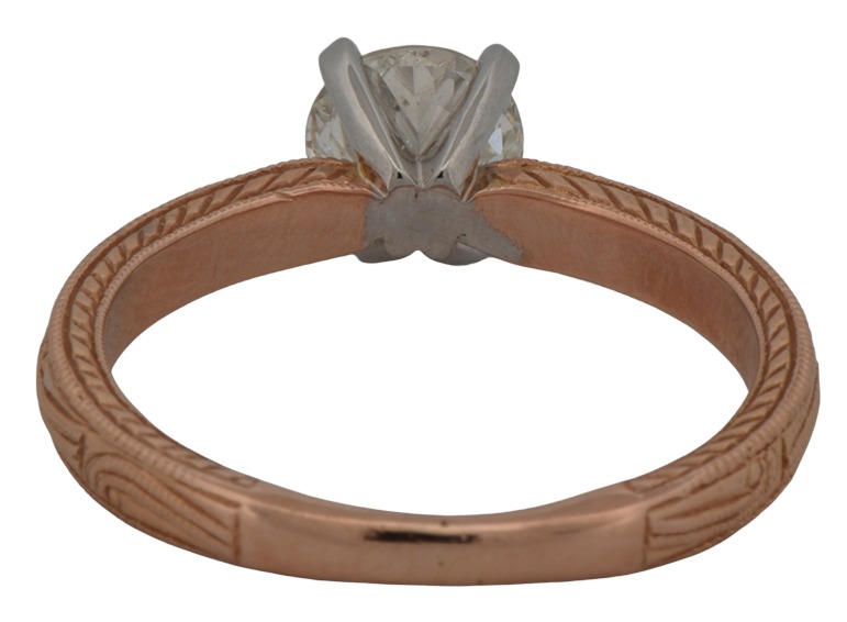 14K Rose Gold Estate Diamond Ring with a .92 Carat Circular Brillliant Diamond, SI2 Clarity, J Color. 2.2 dwt.