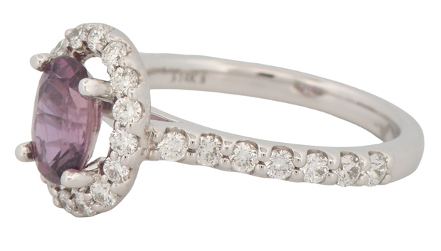 14K White Gold Ring with a 1.01 Carat Marquise Natural Fancy Sapphire, Purplish Red, No Heat and .50 Carat Total Weight in Brilliant Cut Round Side Diamonds, SI Clarity, G-H Color