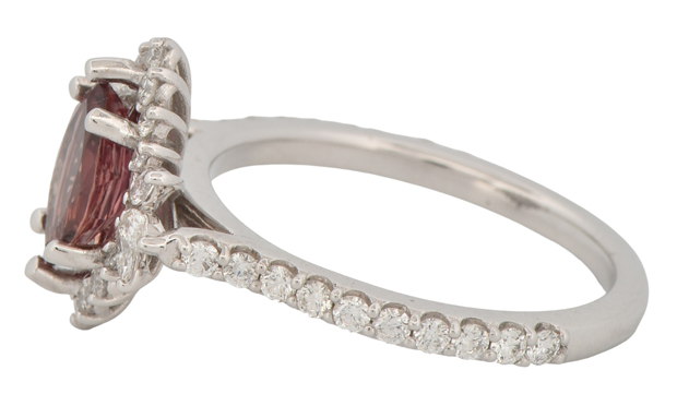 14K White Gold Ring with a 1.43 Carat Oval Natural Reddish Purple Sapphire, No Heat and .75 Carat Total Weight in Side Round Diamonds, SI Clarity, G-H Color