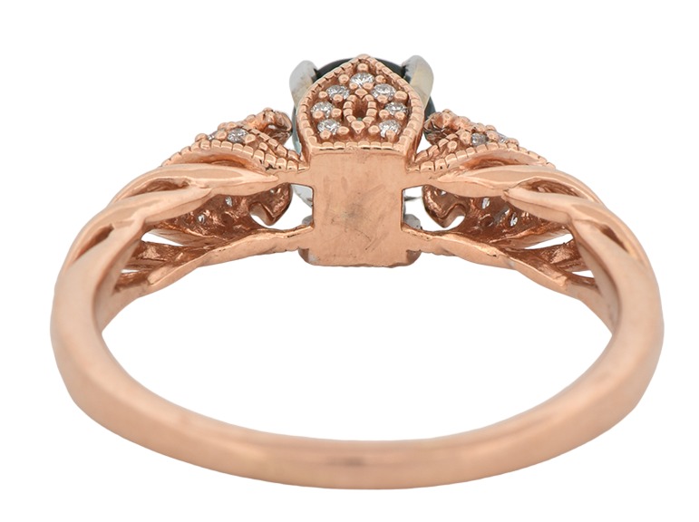 14K Rose Gold Ring with a .93 Carat Round Bluish Green Tourmaline, GIA #5212430537 and Approximately .30 Carat Total Weight in Side Round Diamonds, SI Clarity, H Color
