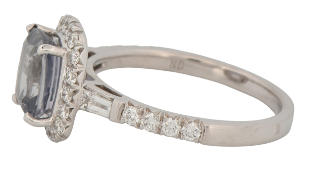 14K White Gold Diamond Ring with a 2.10 Carat Natural Unheated Purple Sapphire, Light Violet Color, SGL #210121o-sc and .61 Carat Total Weight in Round and Baguette Diamonds, SI Clarity, G-H Color