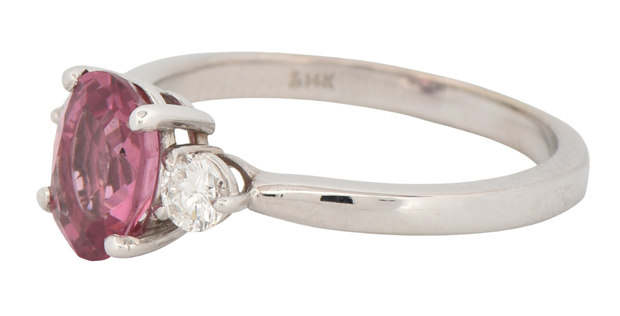 14K White Gold Ring with a 1.67 Carat Pink Spinel and .27 Carat Total Weight in Round Side Diamonds, SI2 Clarity, G-H Color