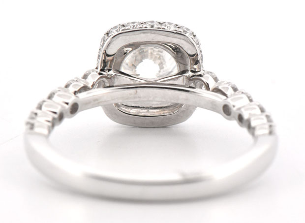14K White Gold Diamond Ring with a 1.12 Carat Cushion Cut Diamond, SI2 Clarity, J Color GIA #2215303462 and .68 Carat Total Weight in Side Round Diamonds, SI Clarity, G Color