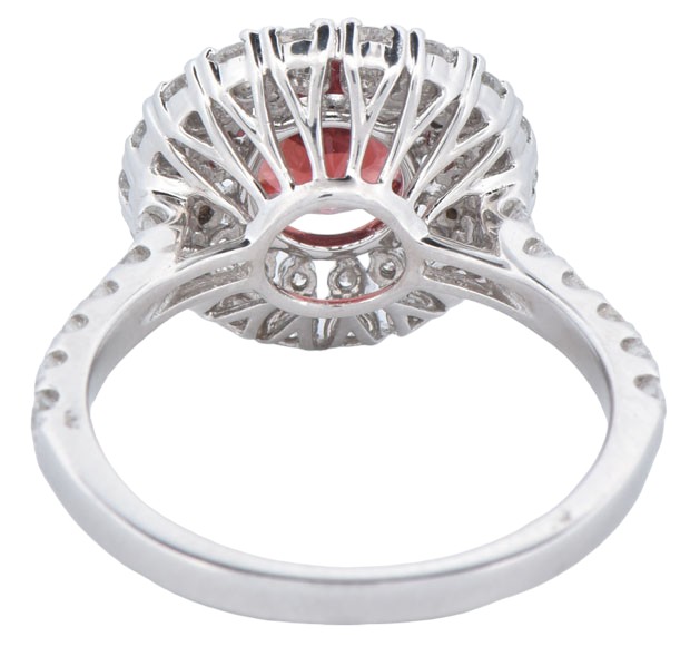 14K White Gold Diamond Ring with a 1.24 Carat Round Orangey Red Garnet Center Stone and Approximately .90 Carat Total Weight in Round Cut Side Diamonds. Finger Size 6.