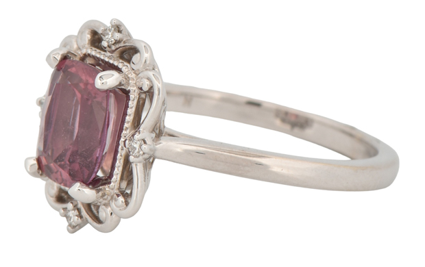 14K White Gold Ring with a 2.00 Carat Cushion Cut Sapphire, Brownish Purplish Pink Color, GIA #5212367716