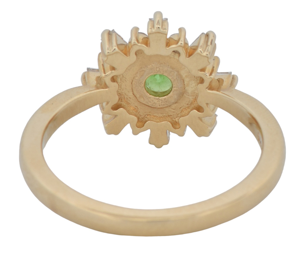 14K Yellow Gold Ring with a .60 Carat Light Yellowish-Green Demantoid Garnet, SGL #210115P-SC and .40 Carat Total Weight in Round and Baguette Side Diamonds, SI Clarity, G Color
