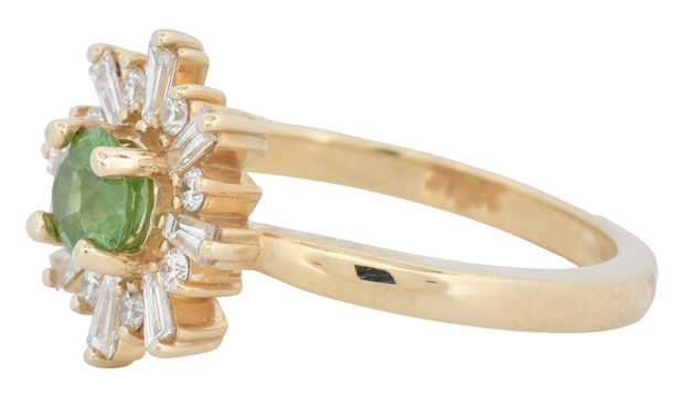14K Yellow Gold Ring with a .60 Carat Light Yellowish-Green Demantoid Garnet, SGL #210115P-SC and .40 Carat Total Weight in Round and Baguette Side Diamonds, SI Clarity, G Color