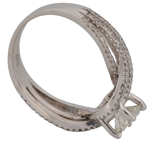 14K White Gold Estate Diamond Ring with a .80 Carat Round Brilliant Diamond, VS1 Clarity, J Color and Approximately .50 Carat Total Weight in Side Diamonds.