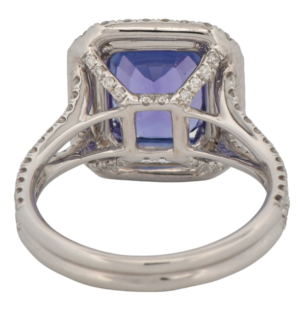 18K White Gold Ring with a 3.60 Carat Cushion Cut Tanzanite, GIA #6213367851 and .78 Carat Total Weight in Side Round Diamonds, SI Clarity, G Color
