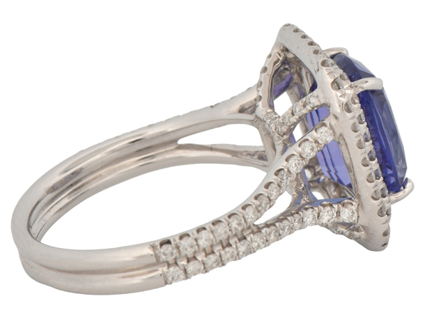 18K White Gold Ring with a 3.60 Carat Cushion Cut Tanzanite, GIA #6213367851 and .78 Carat Total Weight in Side Round Diamonds, SI Clarity, G Color