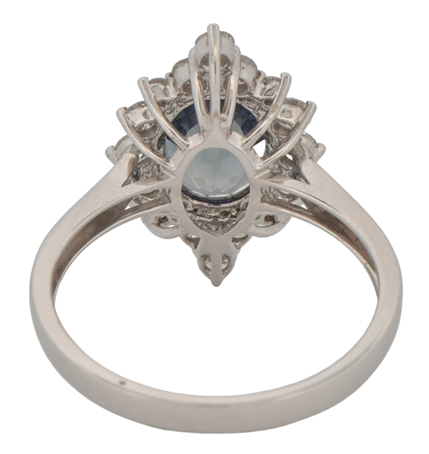 18K White Gold Ring with a 1.92 Carat Oval Greyish-Violet-Blue Oval Sapphire, SGL 210121M-SC and .55 Carat Total Weight in Round SIde Diamonds, SI Clarity, G Color