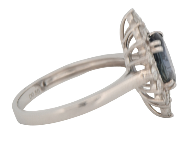 18K White Gold Ring with a 1.92 Carat Oval Greyish-Violet-Blue Oval Sapphire, SGL 210121M-SC and .55 Carat Total Weight in Round SIde Diamonds, SI Clarity, G Color